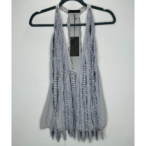 NWT Sheri Bodell Muted Gray Fringe & Chain Design Deep V Racerback Mini Dress S